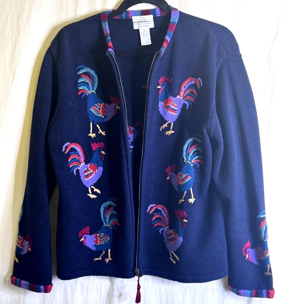 Vintage Christopher & Banks Rooster Cardigan Hand Embroidered Full Zip Size XL
